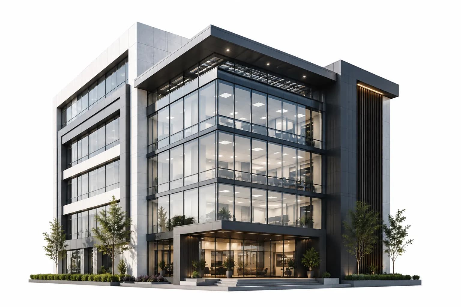Modern corporate commercial architecture with glass facade